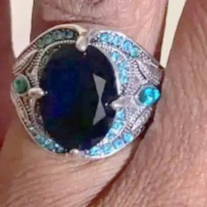 Vintage Oval Inlaid Blue Zircon Men's Ring Metal Carving on silver metal size 11